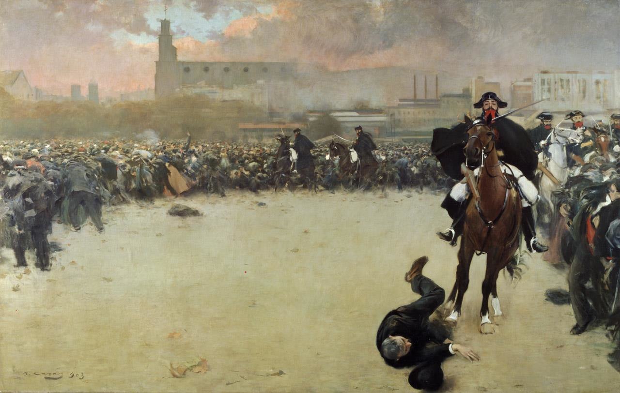 La càrrega, de Ramon Casas: un guàrdia civil a cavall carrega contra una multitud de treballadors en una esplanada de Barcelona.